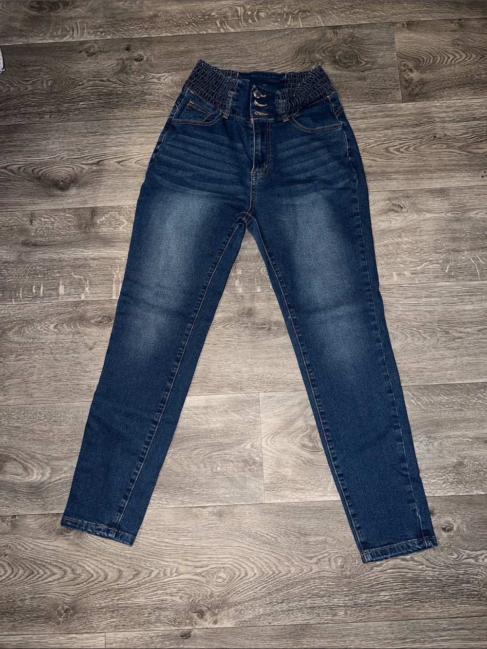 SHEIN High Rise Dark Blue Smocked Waist Skinny Jeans